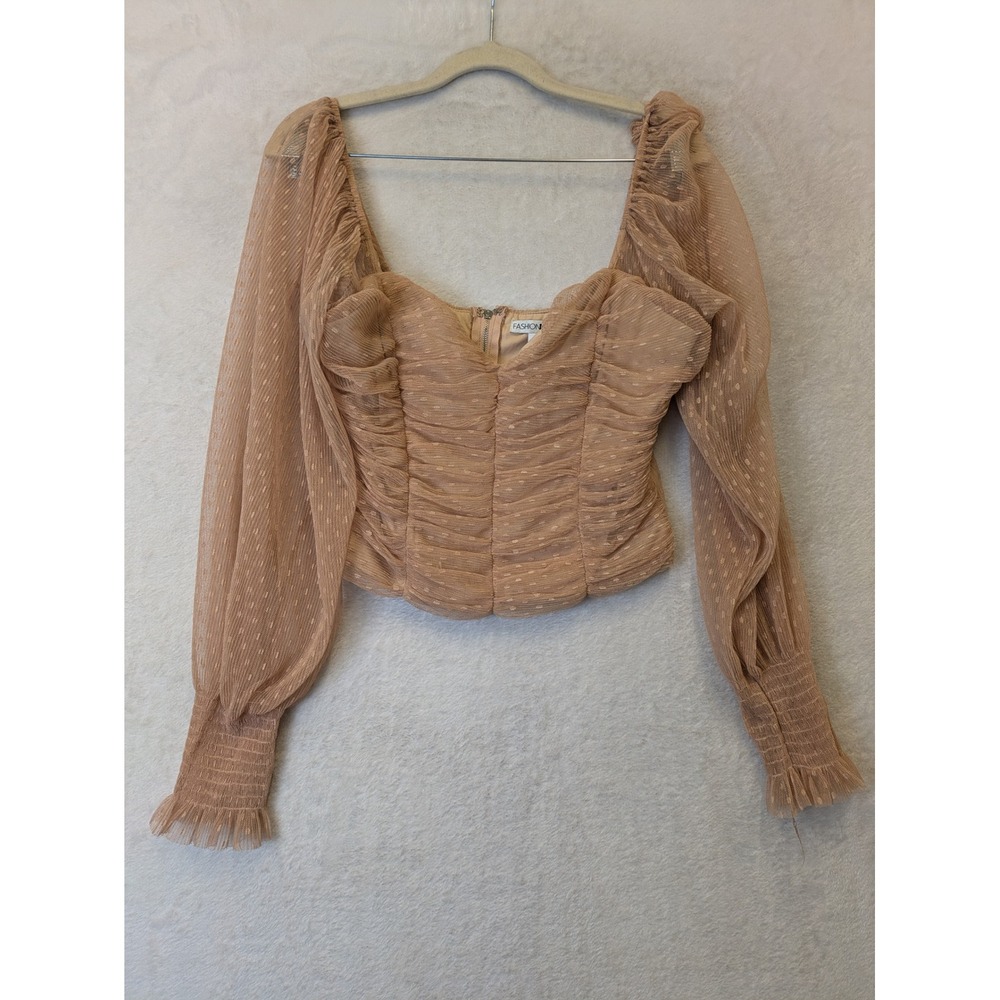 Fashion Nova Women's Size L Ruched Sweetheart Neck Long Sleeve Top Beige